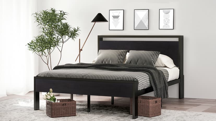 SHA CERLIN 14 Inch Queen Size Metal Platform Bed Frame with Wooden Headboard and Footboard, Mattress Foundation, No Box Spring Needed, Large Under Bed Storage, Non-Slip Without Noise, Black Oak