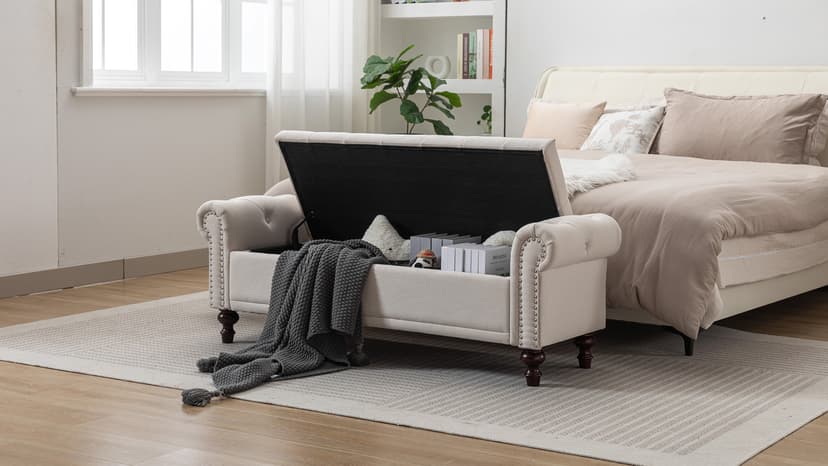 58.1'' Storage Bench Upholstered Linen End of Bedroom Bed Bench Ottoman with Tufted Cushioned Rolled Arm Large Storage Space for Reading Living Room Entryway, Beige