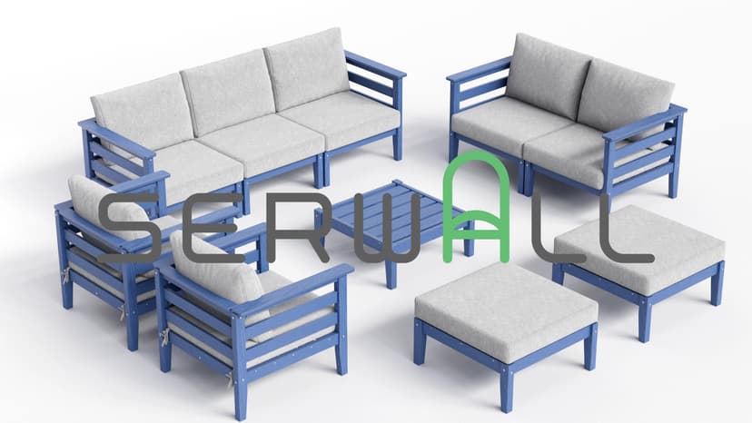SERWALL HDPE Patio Furniture Set, 10 Pieces Outdoor Sectional Sofa Set, All-Weather Wood-Like Outdoor Sofa Couch with Coffee Table for Deck, Lawn, Grey Frame with Khaki Cushion