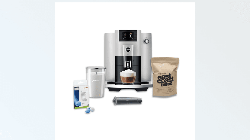 Jura E6 Automatic, Affordable Espresso Machine with Programmable Coffee Strength (Platinum) Bundle with Smart Filter Cartridge, Cleaning Tablets, Coffee Beans Bag, and Glass Milk Container (5 Items)