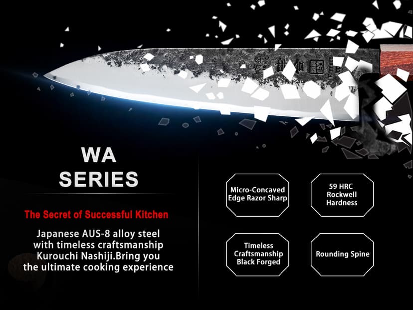 8.27 Inch Japanese Chef Knife, 210MM Black Forged Japanese Knife with Red Sandalwood and Eboy Wood Handle, Gyuto Chefs Knives with Premium Gift Box (WA Series)