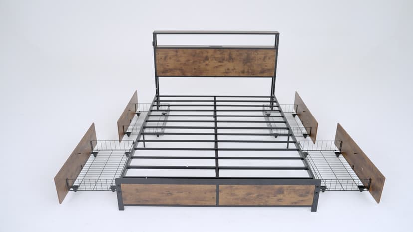 Lifezone Queen Bed Frame with 2-Tier Storage Headboard, Metal Platform Bed Frame with 4 Storage Drawers, Built in Charging Station & LED, Noise-Free/Metal Support/No Box Spring Needed, Vintage Brown