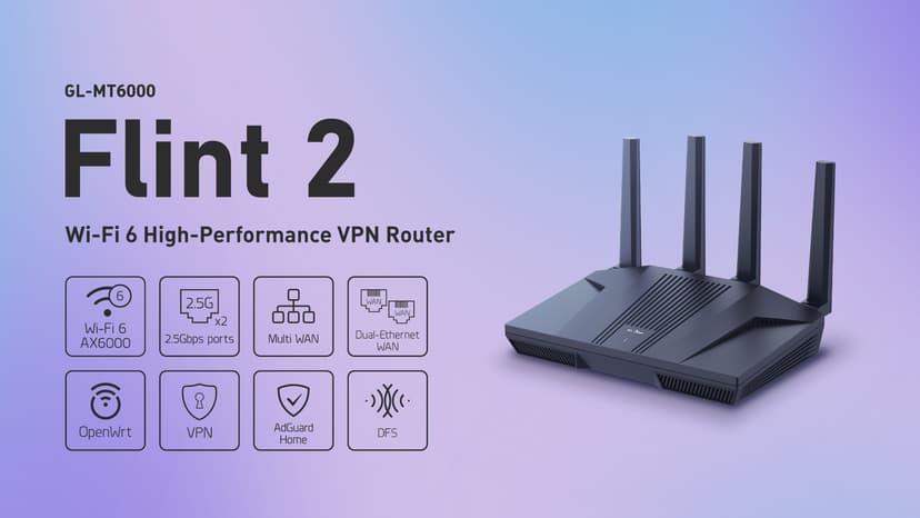 GL.iNet GL-MT6000 (Flint 2) WiFi 6 High Speed Gaming Routers for Wireless Internet, 2 x 2.5G Ethernet Ports for Fiber Optic Modem, Long Range Computer VPN WiFi Router, Home & Business
