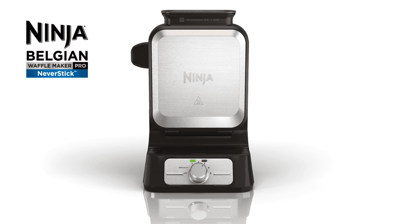 Ninja BW1001 NeverStick PRO Belgian Waffle Maker, Vertical Design, 5 Shade Settings, with Precision-Pour Cup & Chef-curated Recipe Guide, Black & Silver