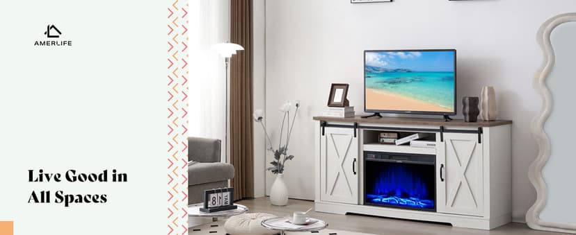 AMERLIFE Fireplace TV Stand with Sliding Barn Door for TVs up to 73", Farmhouse 63" Fireplace Entertainment Center with Storage Cabinets/Adjustable Shelves, Distressed White & Barnwood