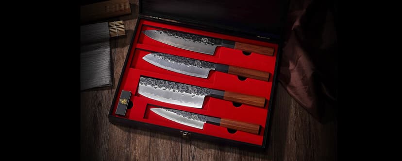 MITSUMOTO SAKARI Japanese Chef's Knife Set 4 Pcs, Professional Hand Forged Kitchen Chef Knife Set, High Carbon Ultra Sharp Cooking Chefs Knife Set (Rosewood Handle & Sandalwood Box)