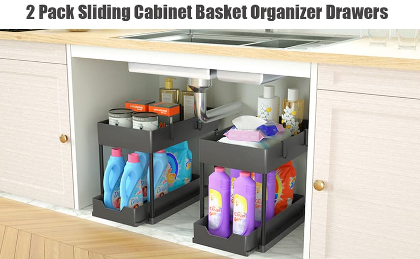 2 Pack Under Sink Organizer, 2 Tier Bathroom Cabinet Organizer with Sliding Basket, Multi-Purpose Under Sink Organizers and Storage for Bathroom Kitchen