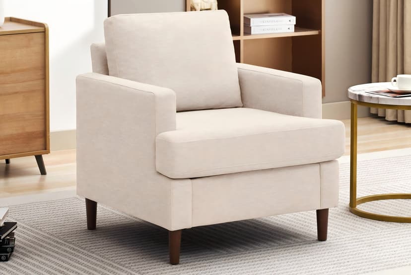 Mid-Century Accent Chair,Modern Linen Fabric Armchair for Living Room,Comfy Upholstered Reading Accent Chairs for Bedroom,Single Sofa Chair with Wood Legs (Beige, 2 Pack)