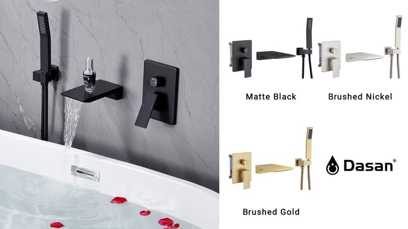 DASAN Waterfall Tub Filler Faucet Wall Mount with Hand Shower, Modern Wall Mounted Bathtub Faucet Brushed Gold Tub Faucet with High Flow Rough in Valve, SA-TF01WH-BG