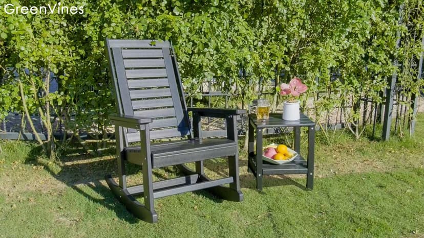 GREENVINES Outdoor Rocking Chairs | Set of 2 | Porch Rocker | HDPE Plastic | Black | Oversized Rockers | High Back | Big & Tall | Ladder Back | for Patio Outside Backyard Balcony