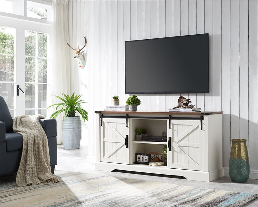 OKD Farmhouse TV Stand for 75 Inch TV with Sliding Barn Door, Rustic Wood Entertainment Center Large Media Console Cabinet Long Television Stands for 70 Inch TVs, Antique White