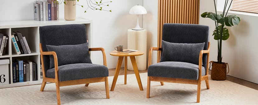 Accent Chairs, Set of 2 Mid-Century Modern Chair with Pillow, Armchair with Solid Wood, Reading Relaxing Leisure Chair for Living Room,（Beige）