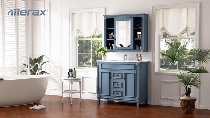 Merax 36" Bathroom Vanity with Sink, 36" Bathroom Vanity Cabinet with Matching Mirror Medicine Cabinet, Bathroom Storage Set (Blue)