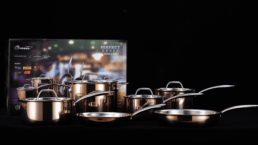 Whole Tri-ply 18/10 Stainless Steel Pot and Pan Set (10 Piece), Copper Pots and Pans Set with Stainless Steel Lid, Induction Cookware Set, Include Stock Pot, Saucepan, Frying Pan - Copper