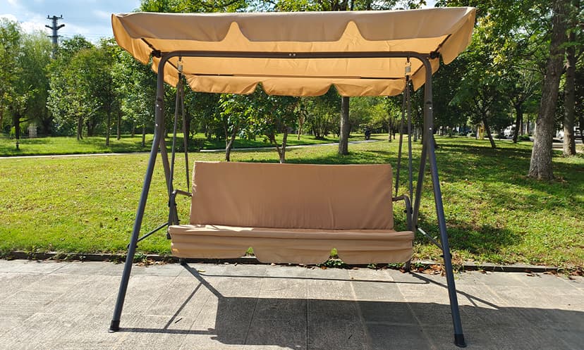 3-Seat Patio Swing Chair, Outdoor Porch Swing with Adjustable Canopy and Durable Steel Frame for Patio, Garden, Poolside(Brown)
