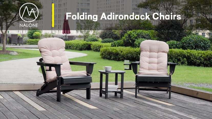 nalone Folding Adirondack Chairs Set of 2 with Cushions and Cup Holder, HDPE Plastic Oversized Patio Chair Weather Resistant, Used in Outdoor, Fire Pit, Deck, Garden, Campfire Chairs (Black)