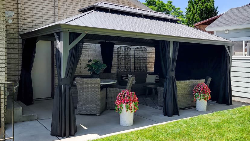 PURPLE LEAF 12' x 20' Permanent Hardtop Gazebo with Galvanized Steel Double Roof and Aluminum Frames Outdoor Large Pavilion Gazebo for Patio Deck Garden, Netting and Curtains Included, Light Grey