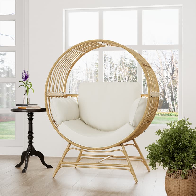 Egg Chair Outdoor Indoor, Oversized Rattan Chair with Thicken Cushion, 350LBS Capacity Wicker Patio Lounge Chair, Basket Chair for Living Room Balcony Porch Backyard, Beige