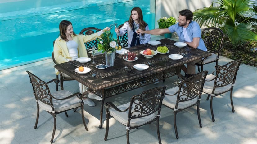 7-Piece Patio Furniture Dining Set, All-Weather Cast Aluminum Outdoor Table and Chairs for 6, Includes 4 Fixed Chairs & 2 Swivel Chair & 60’’ Rectangular Dining Table, Red