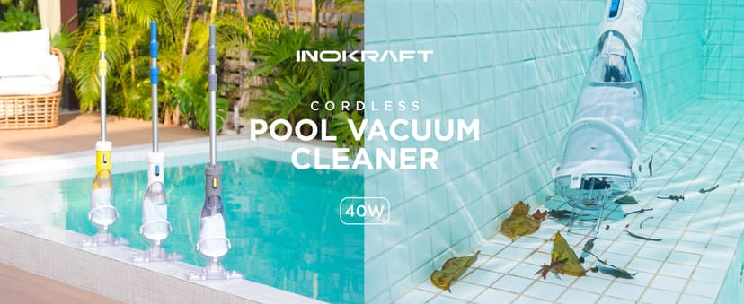 InoKraft Cordless Pool Vacuum Cleaner, Rechargeable, Handheld Pool Vacuum for Above Ground and Inground Pools, Transparent Head, 59” Extendable Pole, for Leaves, Debris, Shallow Steps, Blue