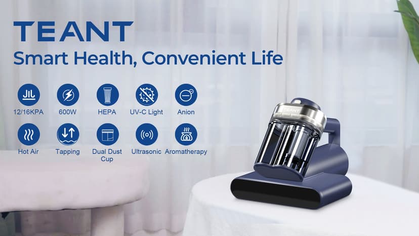 Mattress Vacuum Bed Vacuum Cleaner with 253.7nm UV-C Light, 600W & 16Kpa Strong Suction,33000 RPM/Min Tapping, HEPA Filter,149℉ Heat & Ultrasonic & Anion for Bed and Pet