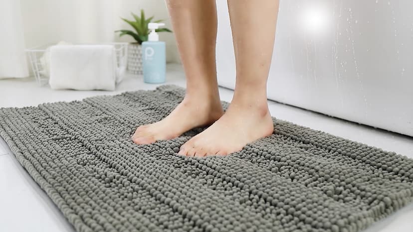 H.VERSAILTEX Sage Bathroom Rugs, Bath Mat Set of 2 Extra Thick Chenille Striped Pattern Shaggy Bath Rugs for Bath Room, Non Skid Bath Mats for Bathroom Floor (32 x 20 Plus 24 x 17 - Inches)
