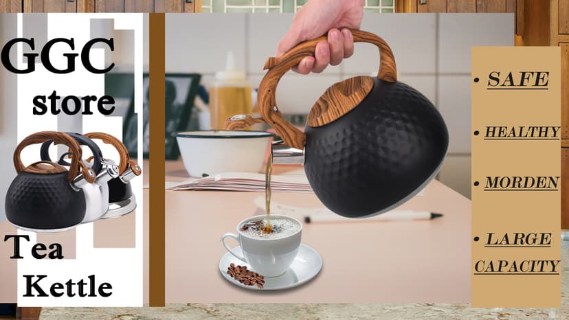 GGC Tea Kettle for Stove Top, Loud Whistling Kettle for Boiling Water Coffee or Milk, 3.1 Quart 3L Heavy Stainless Steel Black Kettle with Wood Pattern Handle, Unique Button Control Kettle Outlet