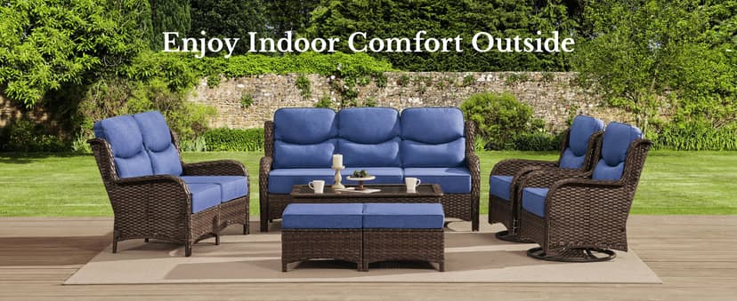 HILLGA Luxury Patio Furniture Set with 6-inch Thick Cushion, Outdoor Couch and High Back Swivel Rocker Patio Chairs, 7PCS Wicker Conversation Set for Deck Yard and Poolside, Blue (V2)