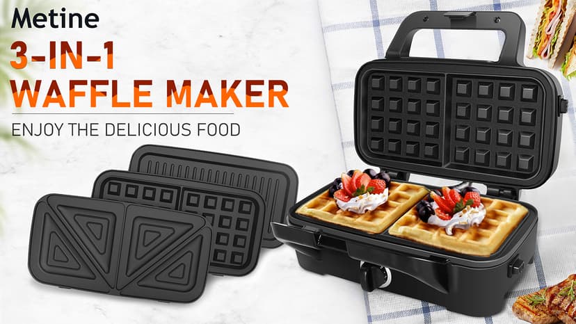 Waffle Makers, 3-in-1 Waffle Iron Panini Press Sandwich Maker with Removable Plates, 5-gears Temperature Control Non Stick Coating Cool Touch Handle Anti-skid Feet for Breakfast 1200W 120V
