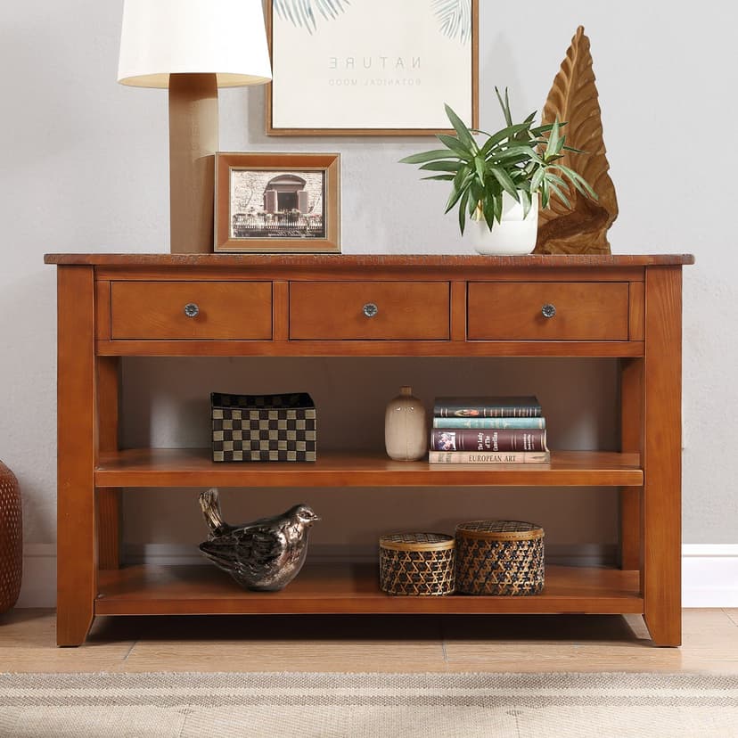 Solid Wood Console Table Entryway Table with Storage Drawers and Bottom Shelf Sofa Table for Entry Hallway Foyer Sofa Couch Table,Fully Assembled (48.8" Brown)