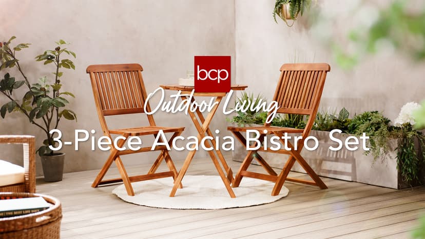 Best Choice Products 3-Piece Acacia Wood Bistro Set, Folding Patio Furniture for Backyard, Balcony, Deck w/ 2 Chairs, Round Coffee Table, Teak Finish - Natural