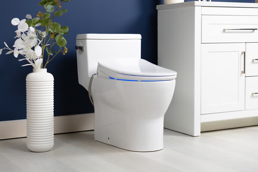 ALPHA BIDET iX Pure Bidet Toilet Seat in Elongated White | Ultra Low Profile | Endless Warm Water | Arced Stainless Steel Nozzle | Blue LED Nightlight | Dryer