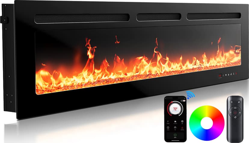 Silonn 50″Smart Electric Fireplace Heater with App & Remote Control, 5300 BTU Heat Output, Ultra-Slim Wall-Mounted or Recessed Electric Fireplace Inserts with Timer, 20 Flame Colors,WiFi Enabled