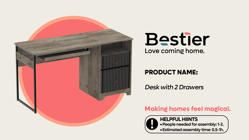 Bestier 55 Inch Computer Desk with Keyboard Tray, Modern Office Desk with Storage, Wood Writing Desk with File Drawer, Fluted Panel & 2 Hooks for Home Office & Studio, Natural Oak