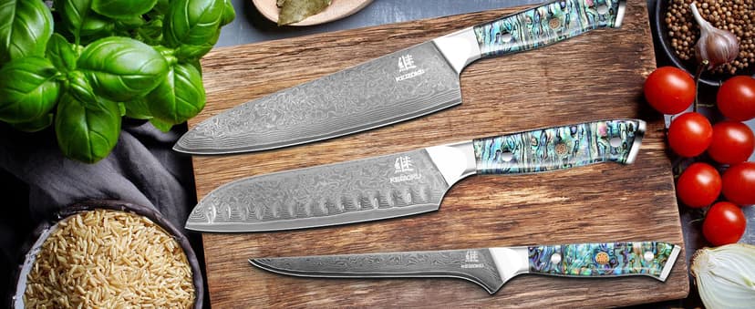 Damascus Steel Santoku Knife 7 Inch, Japanese Professional 10Cr15MOV Blade with Hand Forged Hammer Pattern, Ultra Sharp Kitchen Knife with Abalone Shell Ergonomic Handle