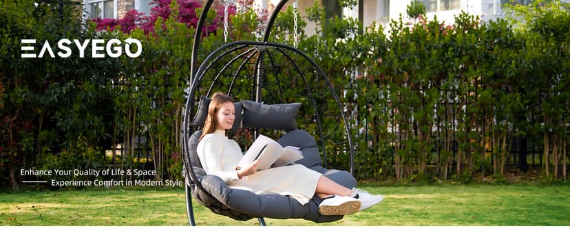 Easyego Double Egg Chair, 2-Person Hammock Chair with Stand, 660LBS Capacity, Thick Padded Cushion, UV Resistant PE Rattan Wicker, Indoor/Outdoor for Garden, Patio, Lawn, Bedroom, Balcony (Beige)