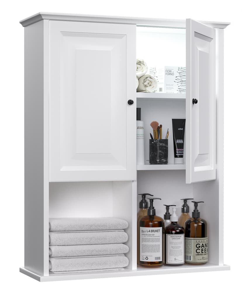 HAIOOU Bathroom Wall Cabinet with Motion Sensor LED Light, Wooden Medicine Cabinet Wall Mounted Cupboard, Over Toilet Storage Cabinet with Buffering Hinges and Adjustable Shelf - Modern White