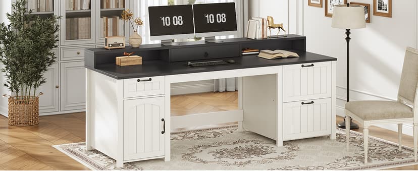 SEDETA Farmhouse 63" Executive Desk, Wood Computer Desk with Drawers and Storage Cabinet, Home Office Desk with File Drawer and Monitor Stand, Wood Desk for Work Study Writing, Grey