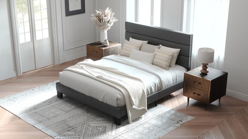 Allewie Queen Size Platform Bed Frame with Fabric Upholstered Headboard and Wooden Slats Support, Fully Upholstered Mattress Foundation/No Box Spring Needed/Easy Assembly, Dark Grey