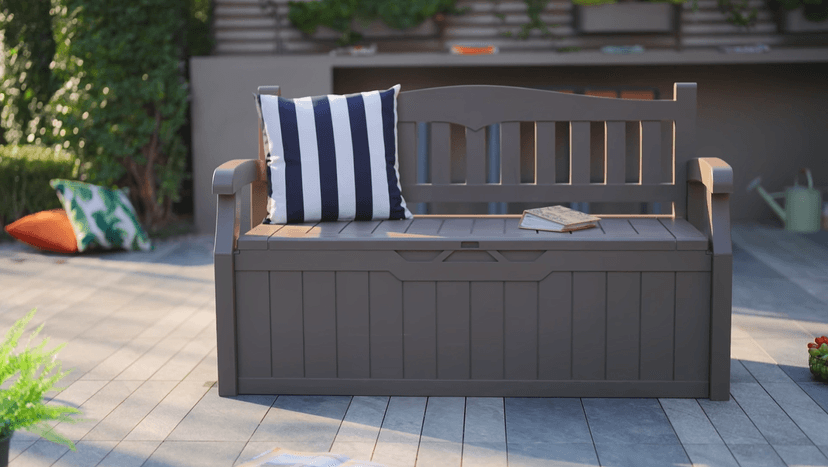 Devoko 80 Gallon Storage Bench Deck Box Lockable for Patio Furniture, Garden Decor and Outdoor Seating for Cushions, Garden Tools and Pool Supplies (Black)