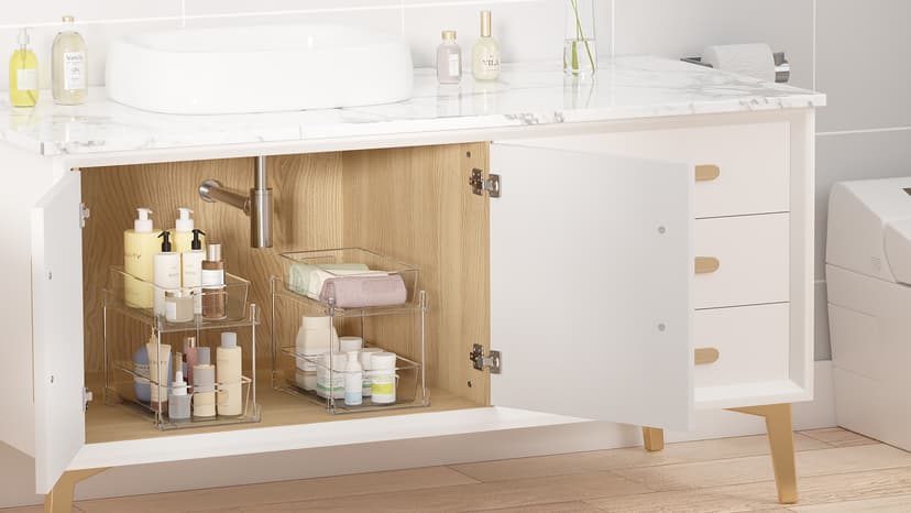 Vtopmart 4 Pack Bathroom Organizer, 2 Tier Clear Under Sink Organizers Vanity Countertop Storage Container,Cabinet Drawers Bins, Pull-Out Organization with Track for Pantry, Kitchen