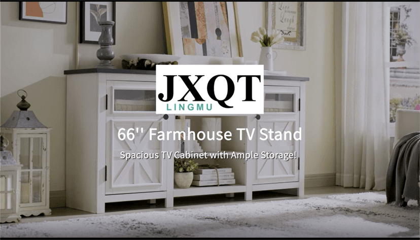 JXQTLINGMU Farmhouse TV Stand for 75 Inch TV, Entertainment Center with Storage, Rustic TV Cabinet with Barn Doors, 66" TV Console for Living Room, Adjustable Shelf - Black