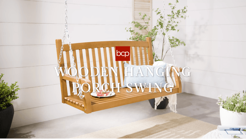 Best Choice Products 48in Wood Porch Swing Outdoor Patio Hanging Bench Chair Furniture for Deck, Garden, Yard w/Mounting Chains, Curved Back Design, 500lb Weight Capacity - Brown