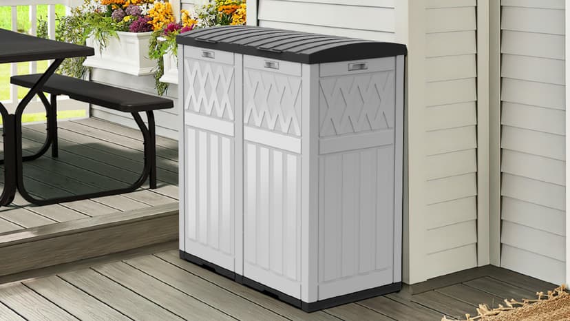 DWVO 66 Gallon Double-Bin Outdoor Trash Can, Waterproof Resin Garbage Can with Tiered Lid and Drip Tray for Patio, Kitchen, Deck, and Backyard - Black