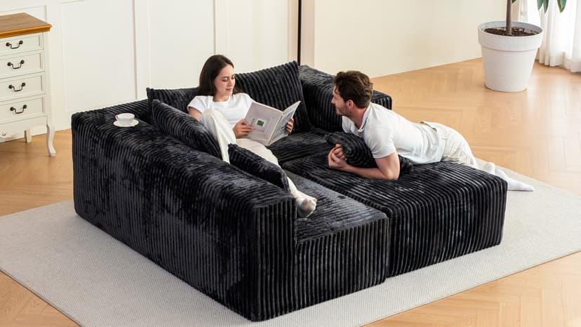 110”Modern Modular L-Shape Couch with Chaise, Modular Sectional Couches for Living Room, Deep Seat Boneless Sofa Bed, No Assembly Required Sleeper Sofa, Plush Corduroy Fabric, Dark Gray