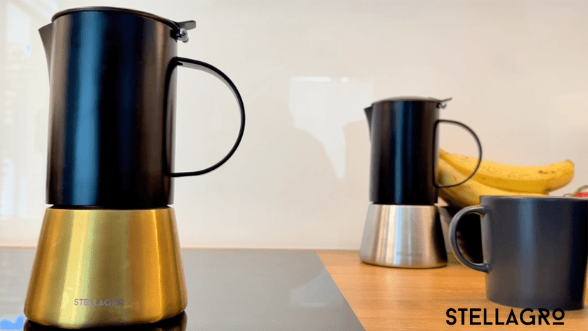 Moka Pot Espresso maker, Stovetop Stainless Steel Manual Espresso Italian Cuban Coffee Maker, 6 cups (350 ml), Elegant Coffee Maker Percolator Cafetera, Black/Gold