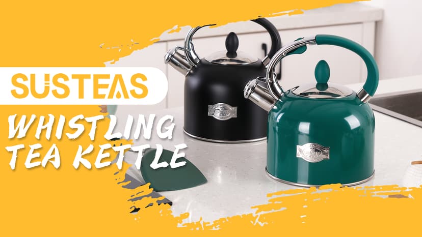 SUSTEAS Tea Kettle - 3.17QT Whistling Kettle with Ergonomic Handle - Premium Stainless Steel Tea Pots for Stove Top, Chic Vintage Teapot with Composite Base, Work for All Stovetops (Black)