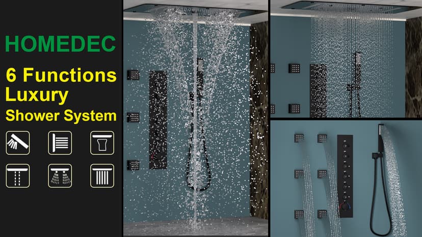 HOMEDEC Luxury Full Body Shower Jets System, 15x28inch Rain Shower Faucet Set Combo with 4pcs Adjustable Large Body Jet with Handheld Spray (Matte Black, 3 Functions Shower Head)