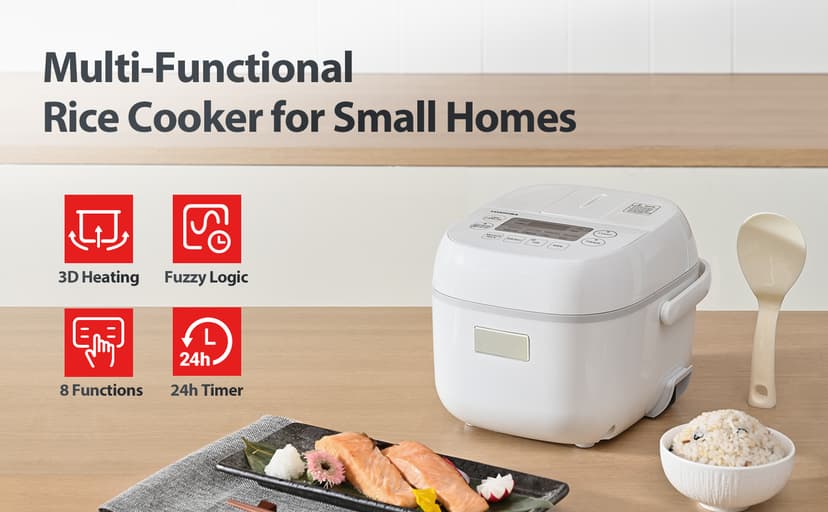 TOSHIBA Rice Cooker Small 3-Cup Uncooked– LCD Display with 8 Cooking Functions: Rice, Oatmeal, Mixed Grains and More, NonStick Inner Pot, Grey