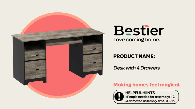 Bestier 59” Computer Desk with 4 Drawers, Office Desk with Storage, Industrial Executive Desk with File Drawer, Keyboard Tray & 2 Pedestals for Home Office & Studio, Cherry